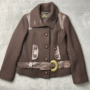 MACKAGE Coat Womens P/S Virgin Wool Genuine Leather Trim Belted Button Up Jacket